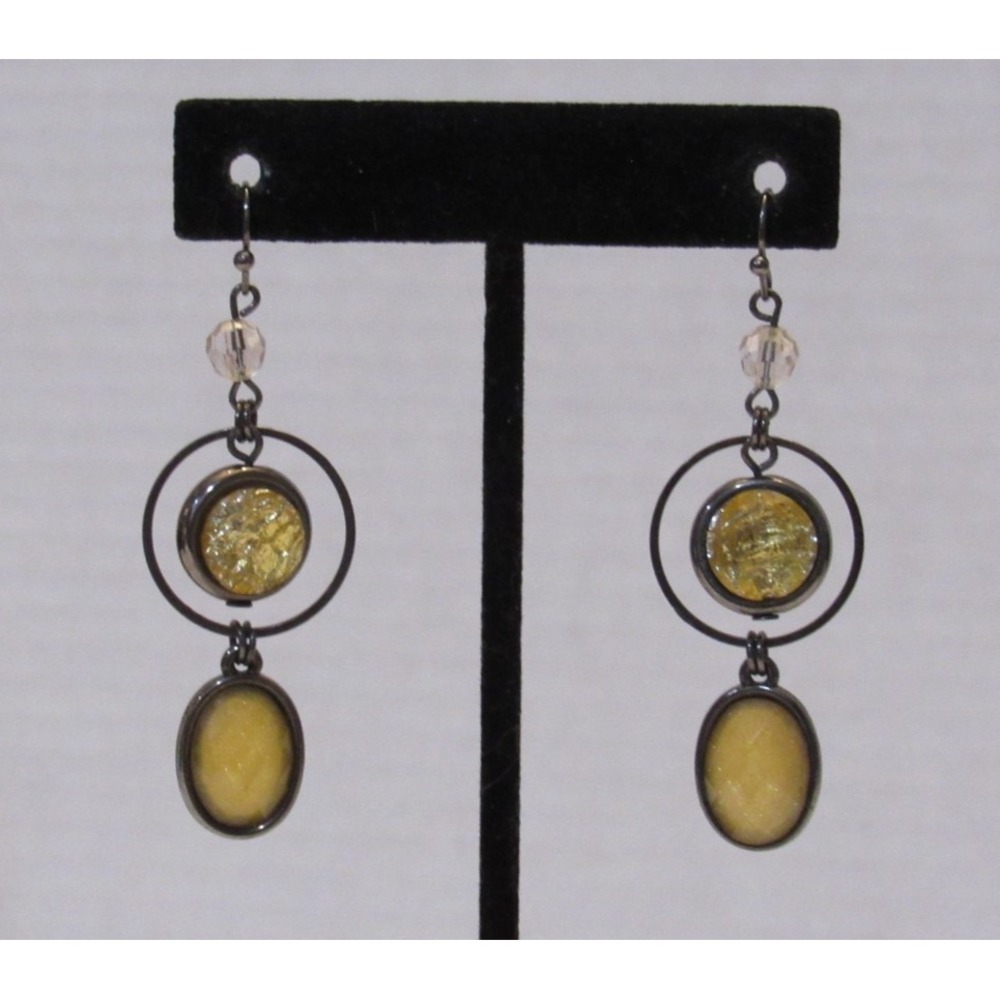Gunmetal Yellow‎ Crackle Glass and Glitter Resin Oval Drop Dangle Earrings